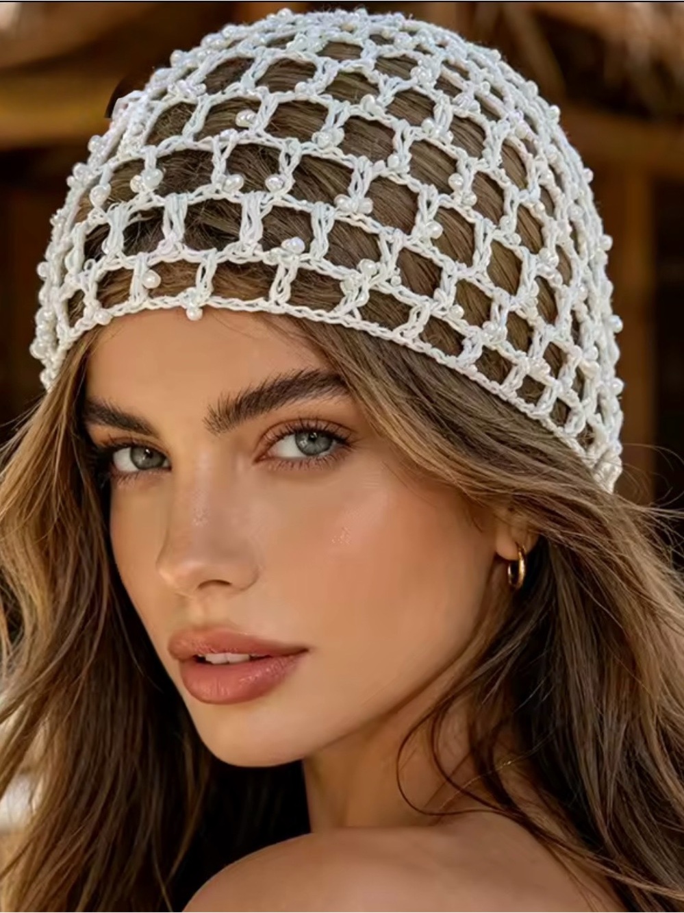 Handcrafted Pearl-Embellished Crocheted Net Beanie - White